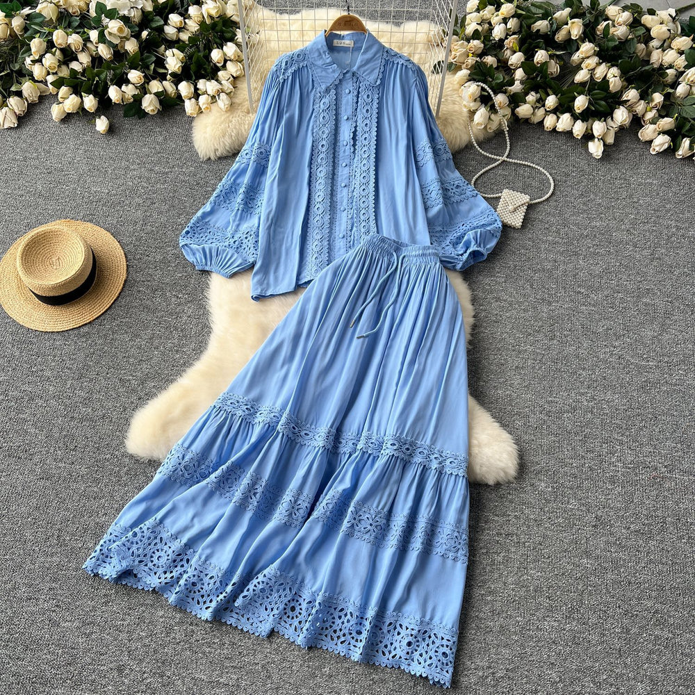 Age-reducing suit for women classy sense cut outlacepatchwork lantern long sleevesshirt + high waistslimming look large swing skirt