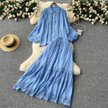 Age-reducing suit for women classy sense cut outlacepatchwork lantern long sleevesshirt + high waistslimming look large swing skirt