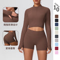 Ready-to-ship cross-border solid color double-sided brushed naked feel cropped jacket set - tight-fitting running, fitness, and yoga two-piece outfit