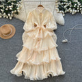 French retro court style, heavily embellished rhinestone lantern sleeve, tie-waist, slimming, elegant ruffle hem pleated dress