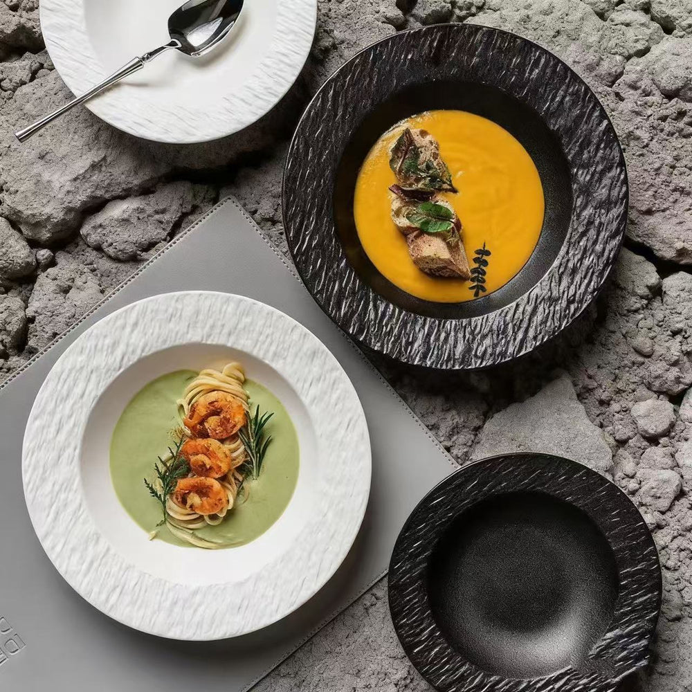 Western-style ceramic dinner plate, pasta, western food, soup plate, frosted stone pattern, black and white hotel french plate, tableware, dinner plate