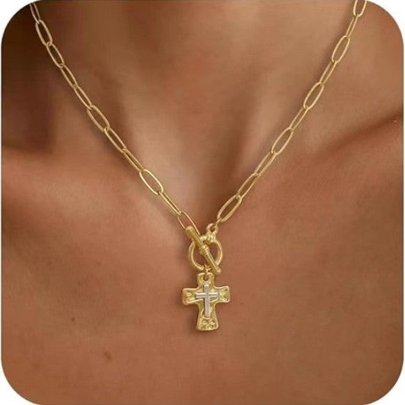 European and american cross-border hot-selling golden cross necklace for women niche style design versatile high-end paper clip ot buckle clavicle chain