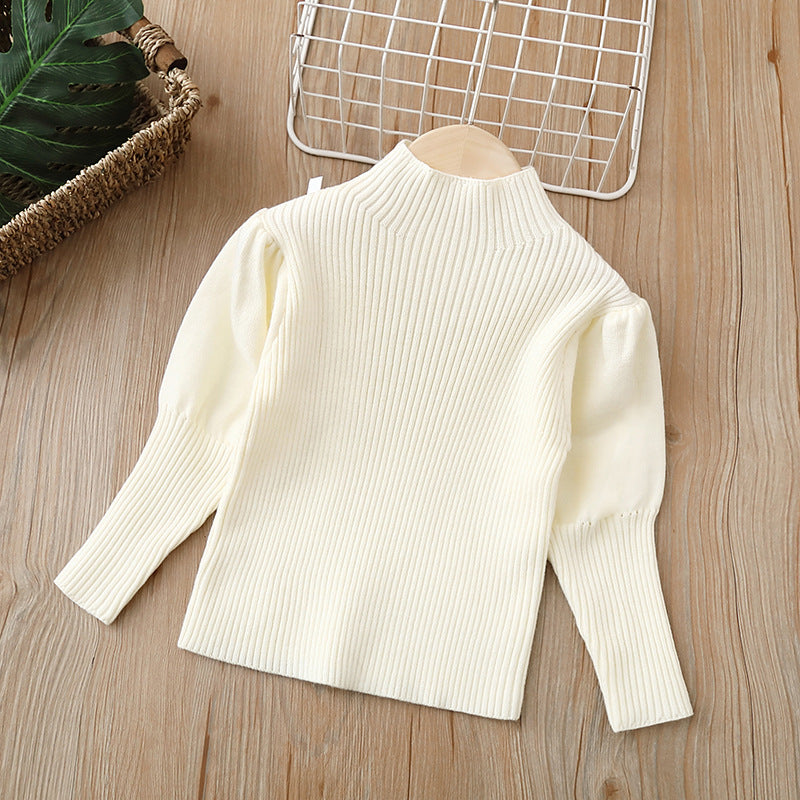 Women's kidssweaterwinterhigh collar puff sleeve bottom shirtpure colorsweatercasualeasiest for matchtops