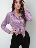 Satin shirt women's satinartificial silk long sleeves  best sellingpure colortopselegance button front lapel shirt
