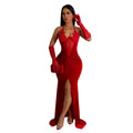C6801 cross-border   fashion women's solid color halter neck slit sexy maxi dress