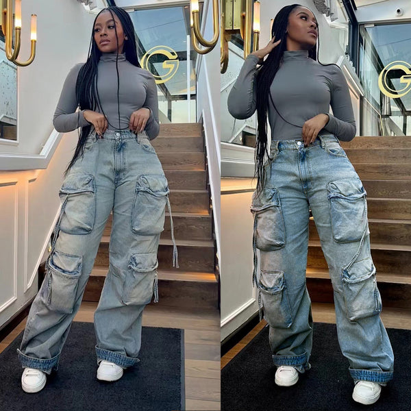 S391298 Cross-border European and American fashion denim trousers women's clothing, casual straight-leg pants