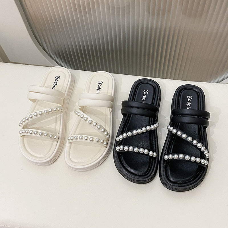 Beaded slippers women's summer outwear fashionnew arrival pearl fairy style two wear thick sole tweed style beach beach shoes