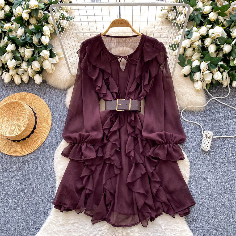 French chic ruffle chiffon dress - women's spring korean style long sleeve cinched waist belted versatile work dress