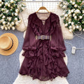 French chic ruffle chiffon dress - women's spring korean style long sleeve cinched waist belted versatile work dress