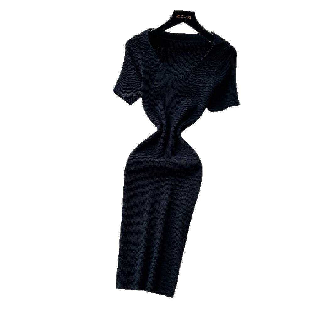 K-stylev neck short-sleeved knittingelegantdress women's summer silmslimming look waist a-line skirt light and elegant style
