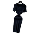 K-stylev neck short-sleeved knittingelegantdress women's summer silmslimming look waist a-line skirt light and elegant style