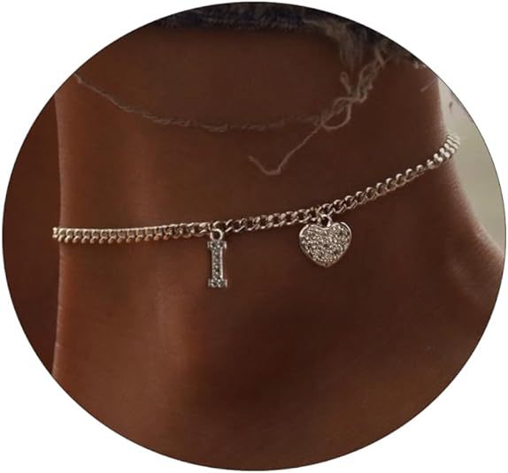 Amazon exquisite silver initial anklet - minimalist personalized letter anklet with cz heart cuban chain