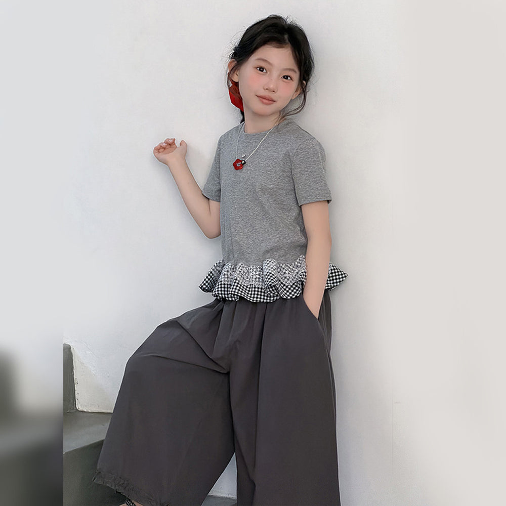 Korean style girls' plaid lace short-sleeve t-shirt set,  new arrival, super cute wide-leg pants two-piece outfit for mid-to-large children