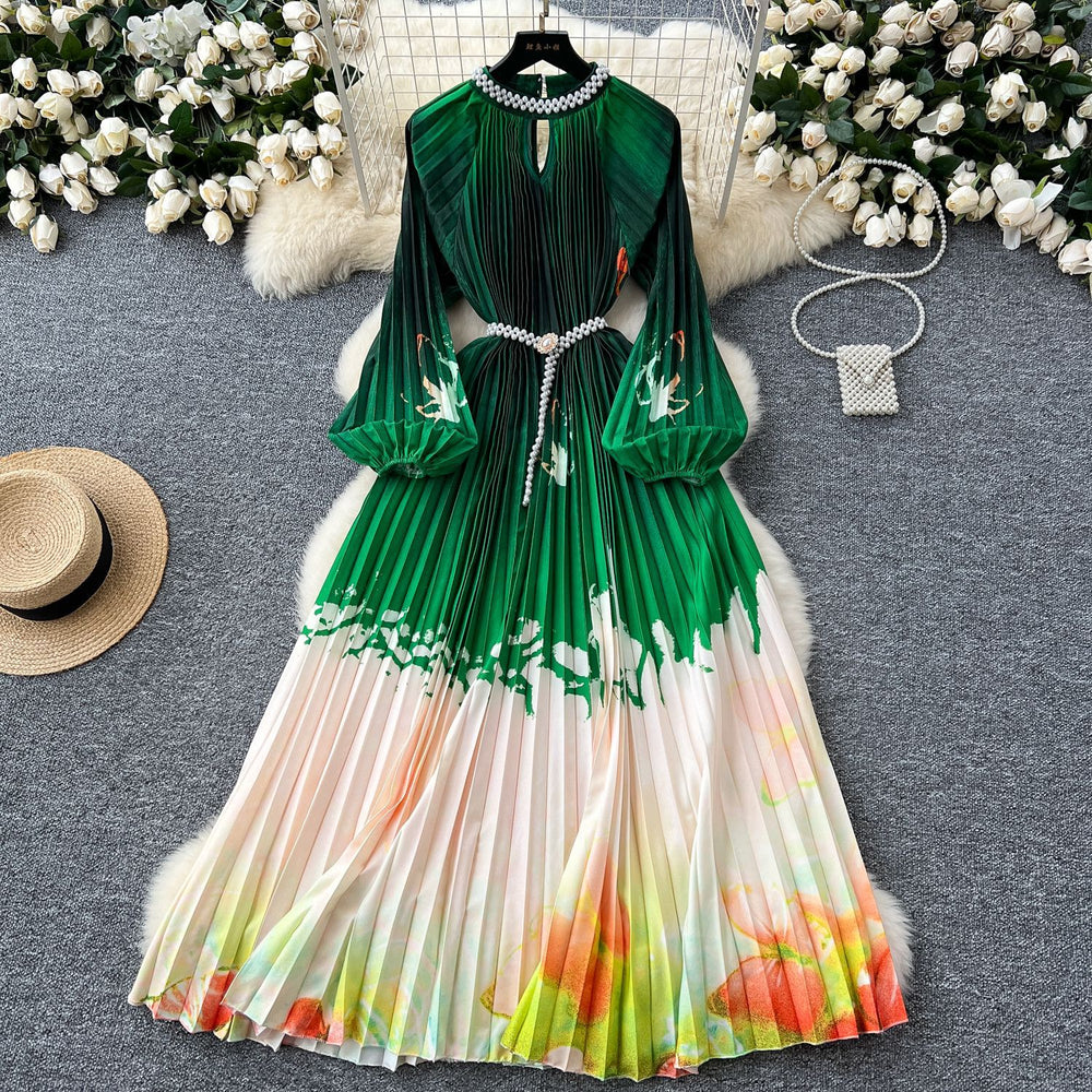 European and american high-end elegant women's fashion beaded round neck hollow-out pleated lantern sleeve cinched waist printed maxi dress