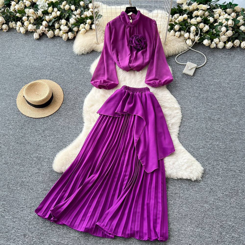Classy suit women's light mature style elegantstereo flower lantern sleeve chiffon shirt asymmetrical pleated skirt