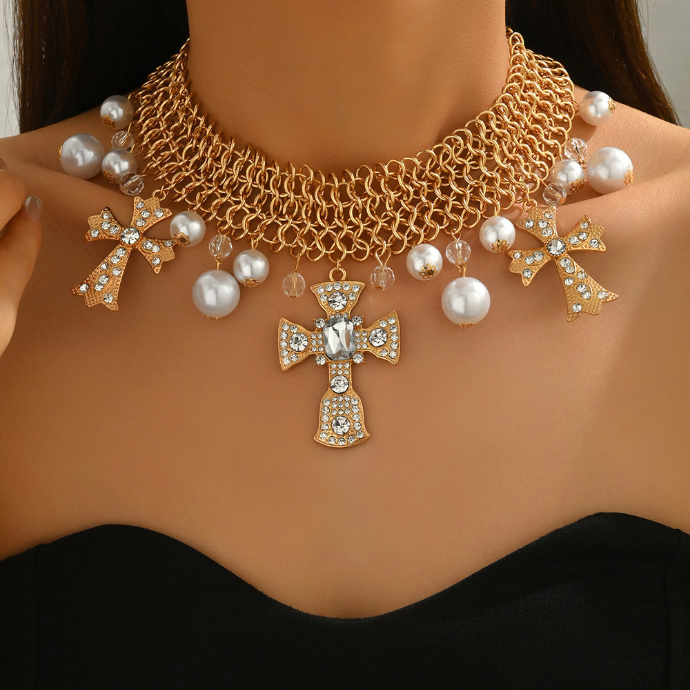 Pearl cross necklace wholesale european and american cross-border accessible luxury niche jewelry metal collar exaggerated clavicle chain for women