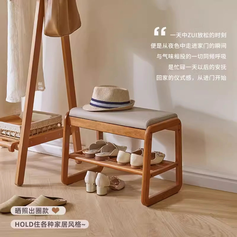 Solid wood shoe change stool household small narrow shoe rack seat stool integrated soft bag seat cushion test door bench shoe stool