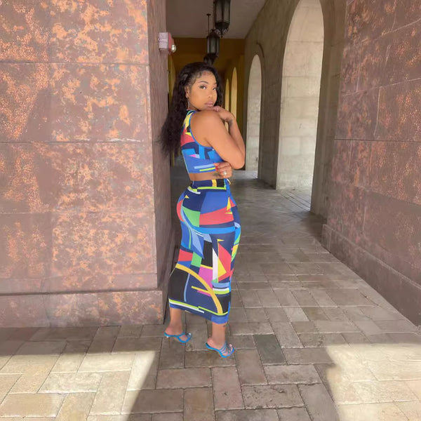 Women's 2024 European and American Style Independent Station Spring New Sleeveless Women's Clothing Sexy Atmospheric Printing Two-piece Set