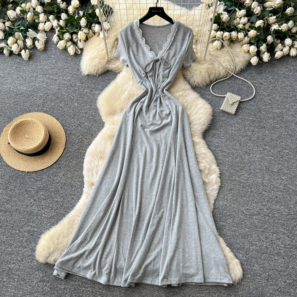 Frenchv necktie back lazy feeling dress women's summer waist slimming lookelegant a-shaped long skirtwork clothing outfit