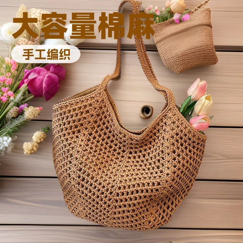 Casual large-capacity cotton thread woven bag new hollow straw bag lazy wind shoulder bag vacation beach bag women's bag