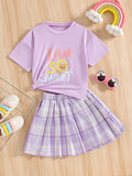 Girls' summer two-piece outfit: purple crewneck top with cartoon letter print and pleated plaid skirt set