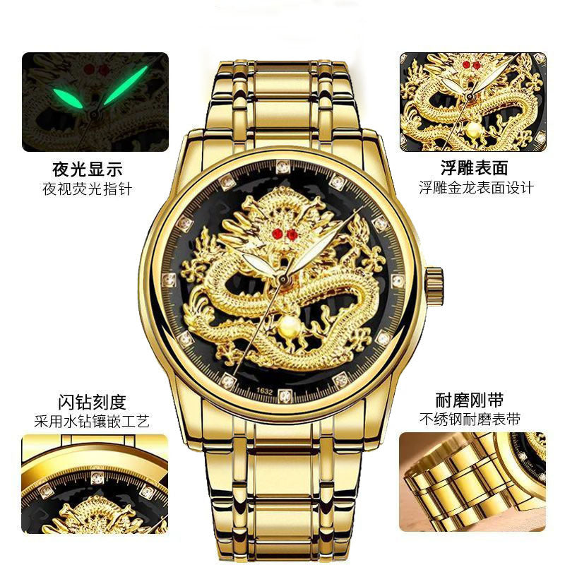 Finzon embossed gold dragon watch - men's waterproof non-mechanical watch with diamond and ruby accents, dragon face, stylish for middle-aged and elderly men