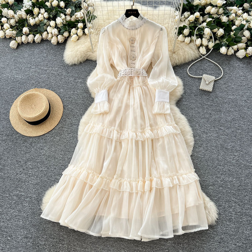 French court style dress - new  collection: exquisite beaded and rhinestone embellishments, cinched waist, lantern sleeves, and a flowing maxi skirt with mesh detailing