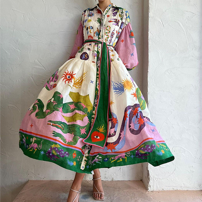 cross-border e-commerce european and american women's clothing: new summer collection - lantern sleeve printed collar, cinched waist, and flared maxi dress