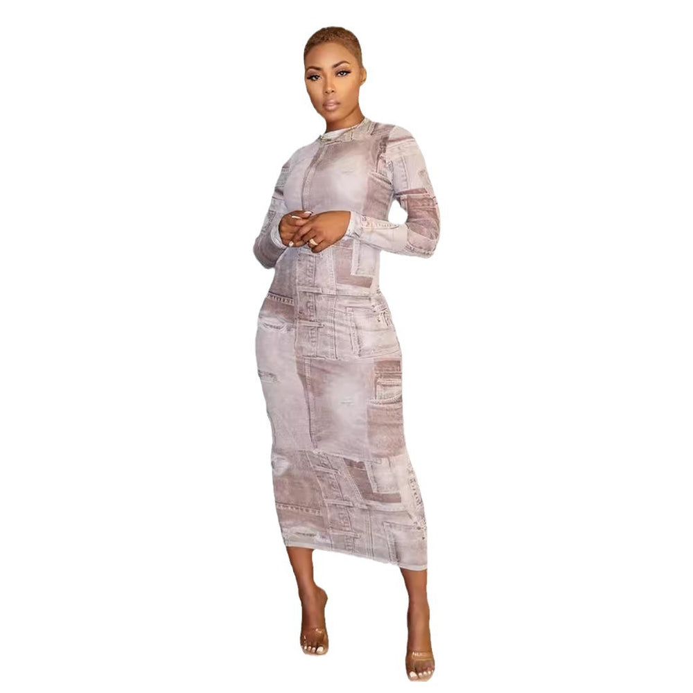 cross-border fashion: european & american autumn women's printed round neck long sleeve bodycon midi dress