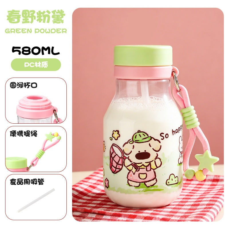 New arrivalsummer plastic straw water cup cartoon good-looking cute plastic cup outdoor portable portable rope cup