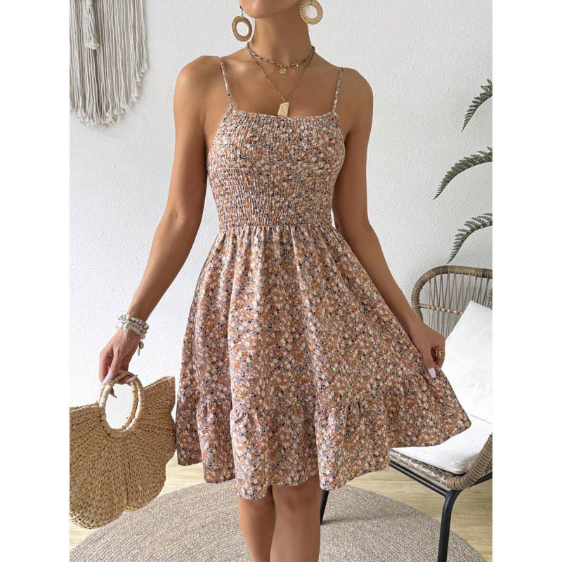 fashion  summer new arrival holiday floral pleated ruffles casual suspender dress for women