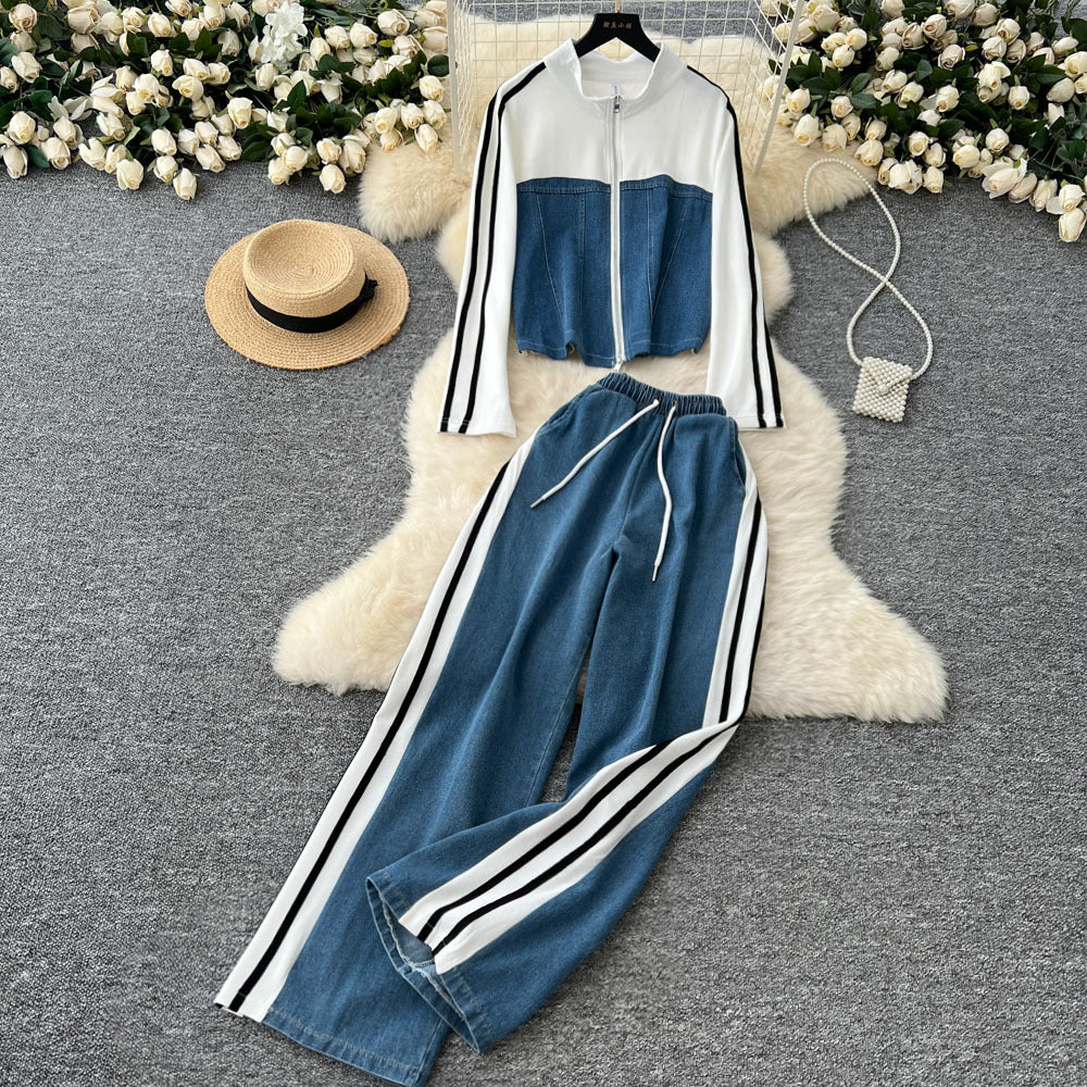 Women's autumn casual outfit: vintage stand collar denim patchwork long sleeve top t-shirt + wide leg straight pants two-piece set