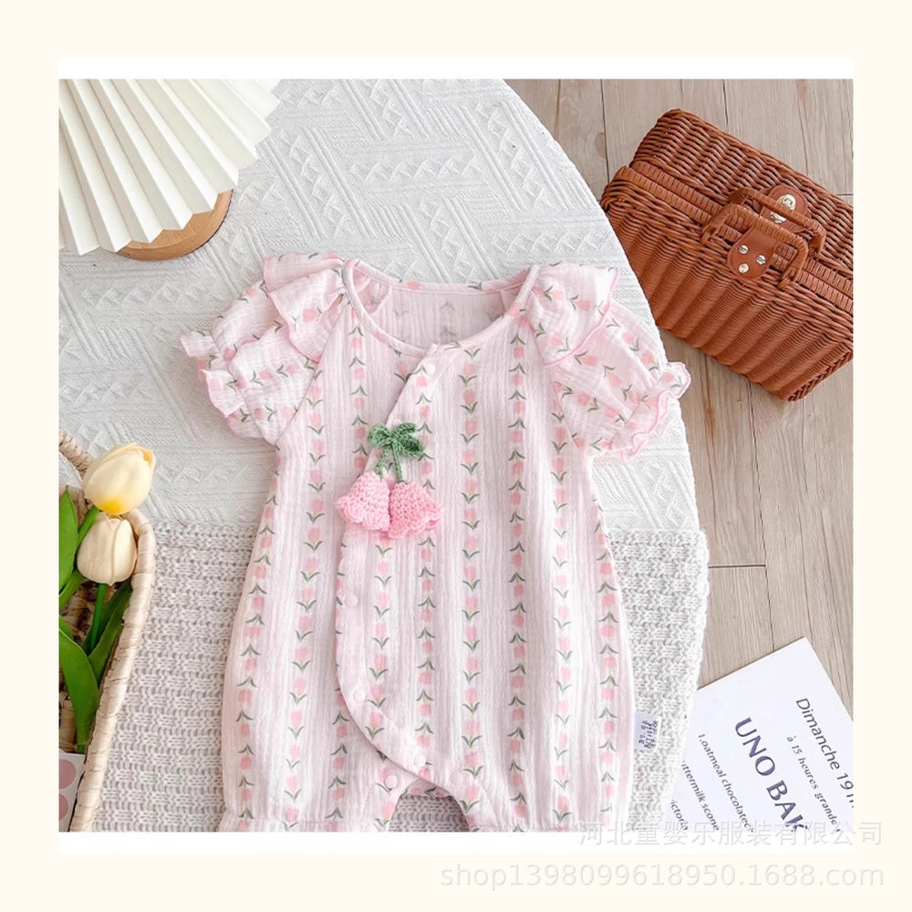 Newborn baby summer outfit set: lightweight summer clothes for baby girls, princess short-sleeve gauze romper, pure cotton summer wear