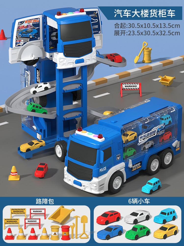 Boys' transforming storage double-decker container truck 2-in-1 track car building with lights, music, educational electric toy