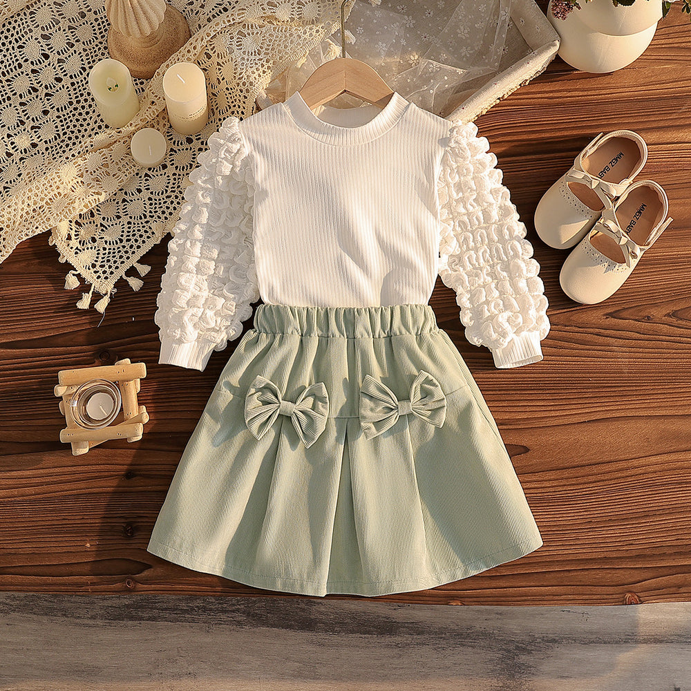 new autumn cross-border girls' textured 3d bubble long sleeve top and a-line bowknot skirt set