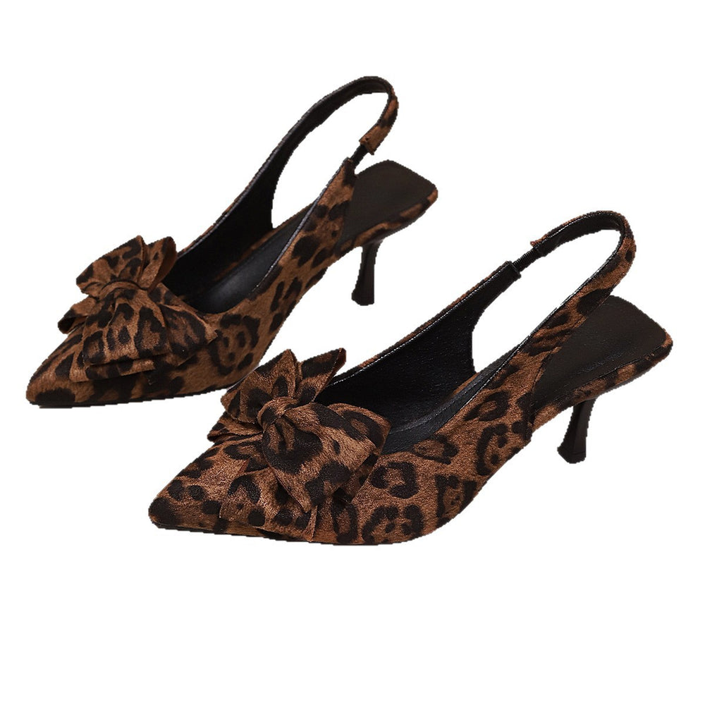 Ready-to-ship cross-border pointed-toe bow heeled sandals for women, 2026 summer new leopard print european and american style stiletto closed-toe sandals