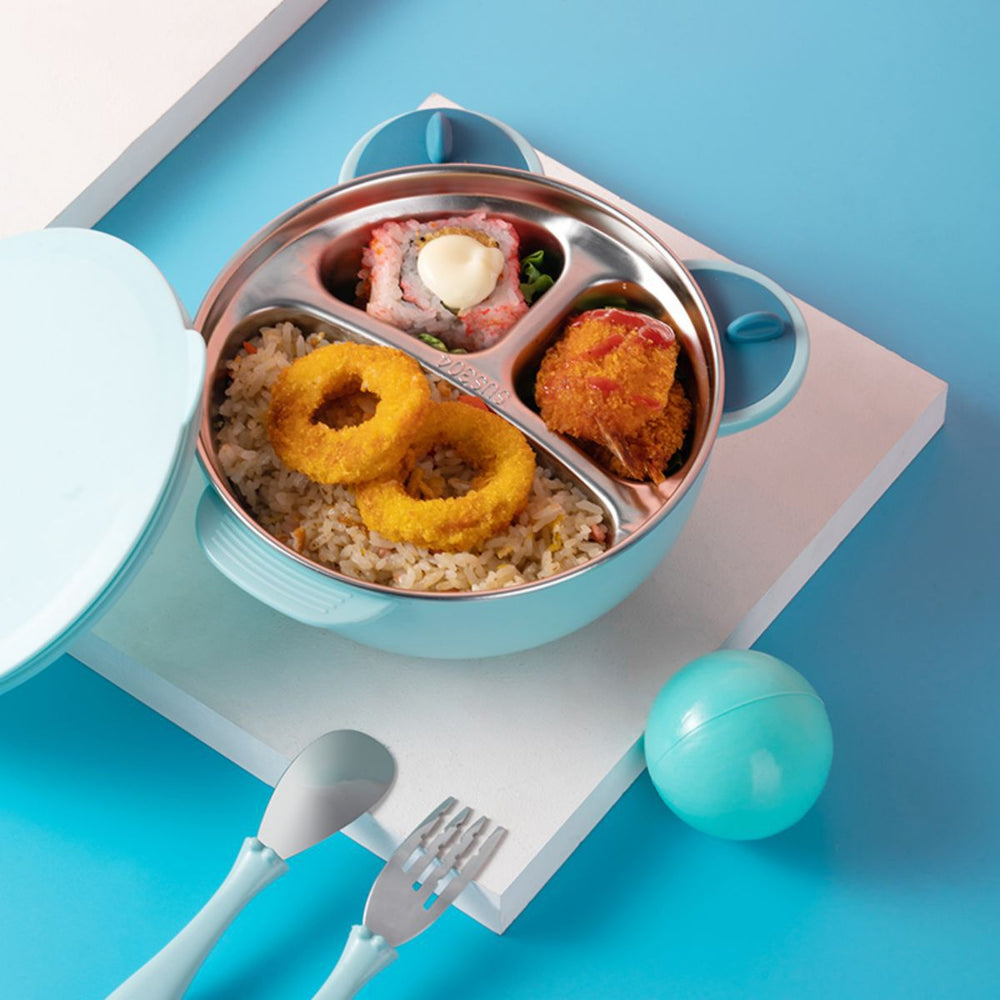 Wholesale stainless steel kids' meal set: baby suction plate, insulated water-filled bowl, divided plate, and weaning food utensil set