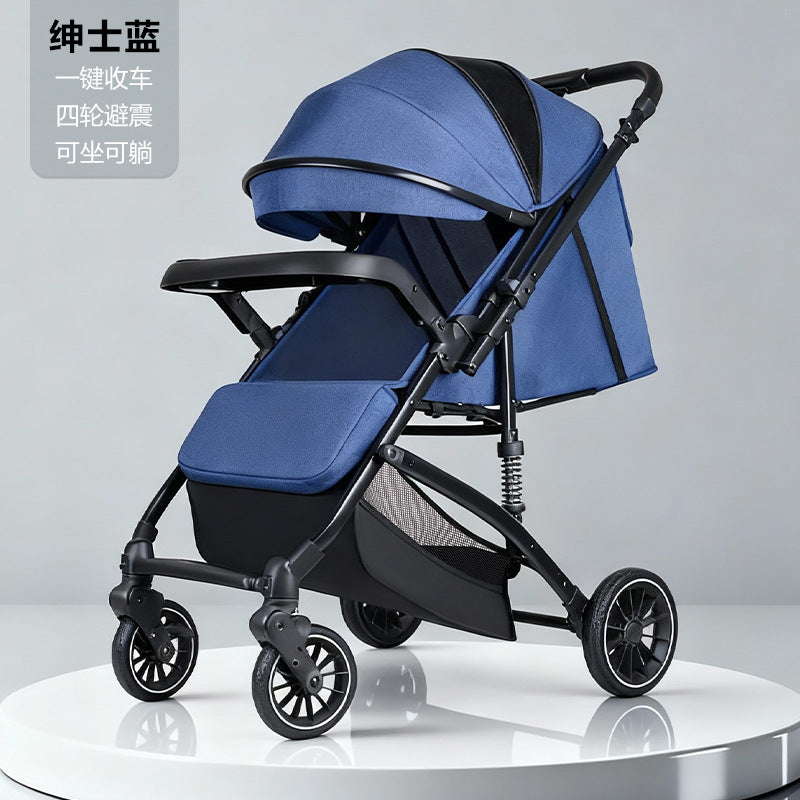 Stylish, lightweight, foldable, high-view four-wheel shock-absorbing baby stroller with one-click fold