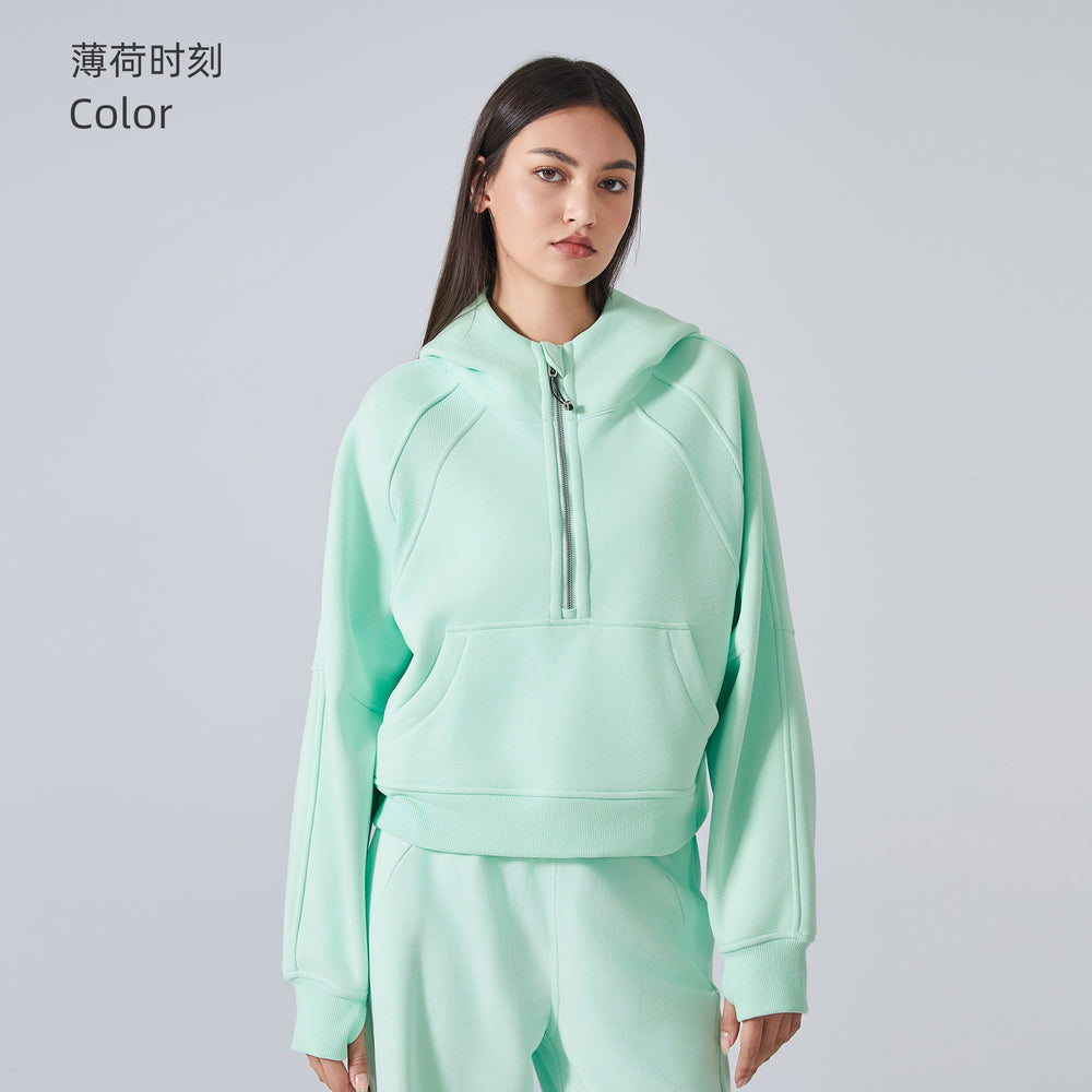 Fall and winterfleece-linedheattech yoga wear half-zip hooded sweatshirt outdoor fitness loose sports tops women's daw139