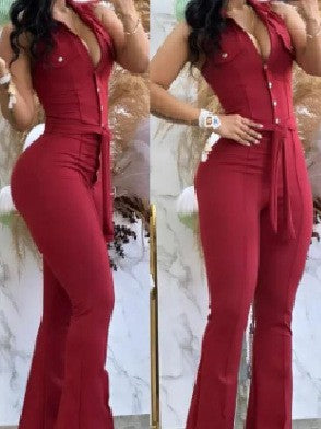 european and american export women's elegant v-neck button pocket high-waisted tie-waist solid color slim-fit jumpsuit