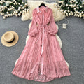 Frenchelegantelegance heavy industry beading lapel lantern sleeve single breasted strap waist slimming looklacedress women
