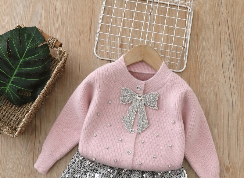 Girls' sweater french style tweed bow knittingcardiganfall and winternew arrivalsoft and sweeteasiest for matchsuit