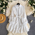 French court style lace embroidered hollow-out dress - women's spring long sleeve turn-down collar tie-waist a-line slimming dress