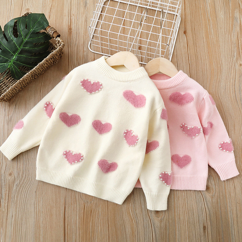 Girls' knitted sweater -  new style baby girl pearl heart pullover sweetheart princess fashion top