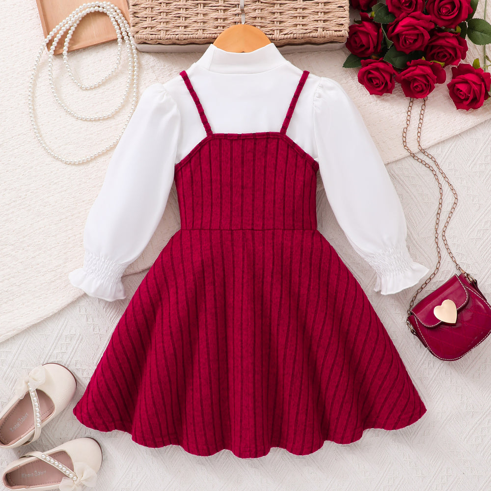 Two-piece set for young girls (middle school age): high-neck, flared long-sleeve top and corset-style camisole dress