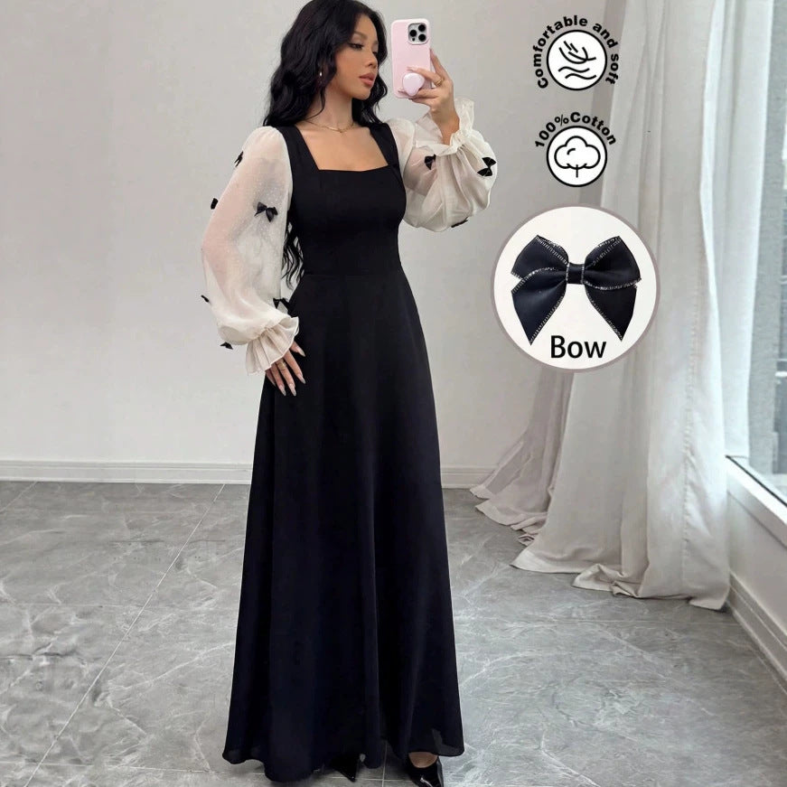 European and american cross-border  french color block bowknot fairy maxi dress - solid black body with high-waisted paneling