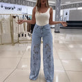 Fashionjeans women's high waistcut outlacepatchwork wide leg pantsexport washed elastic mop pants cross-border