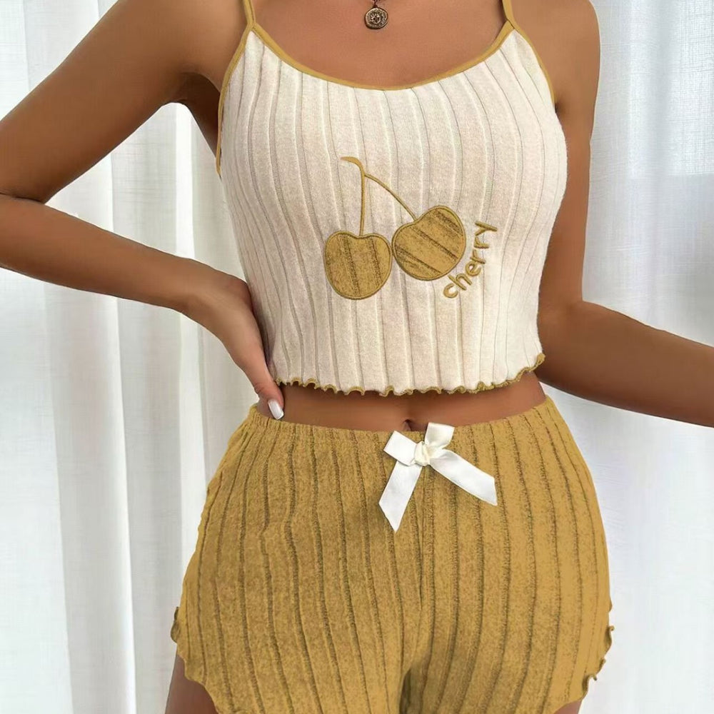 Hot-selling cross-border e-commerce  style european and american embroidered pajamas, brushed camisole and shorts loungewear set