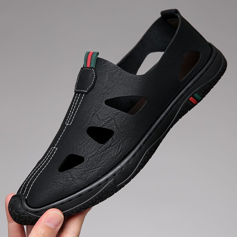2025 new summer men's soft leather shoes, men's soft sole casual shoes, comfortable breathable perforated leather sandals for men