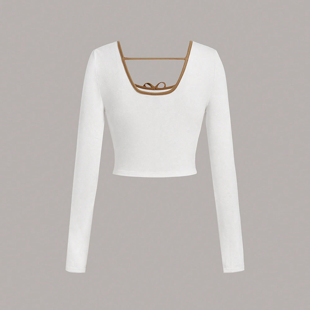 European and American  women's clothing square collar T-shirt winter new backless design pullover solid color super short top women